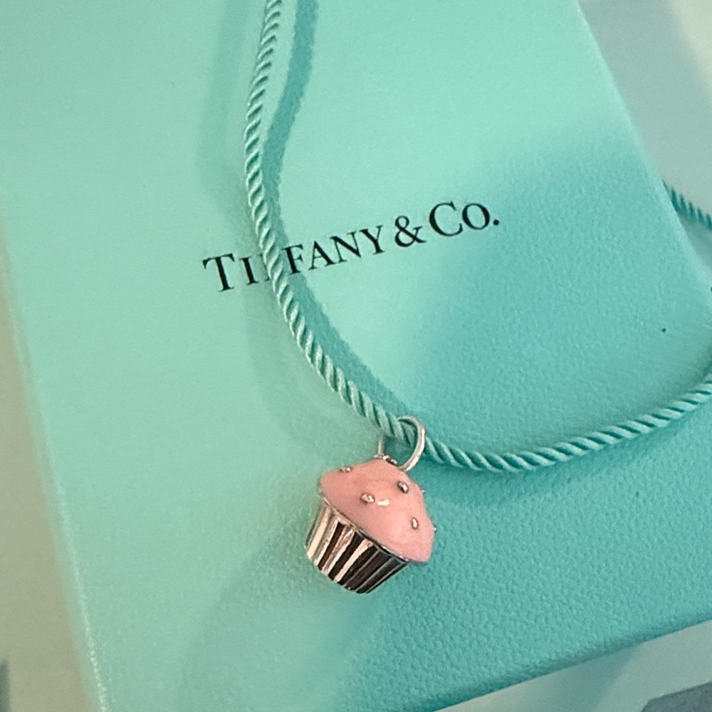 Tiffany & Co. Cupcake Charm Pendant Necklace on Tiffany Silk Cord 16-18”